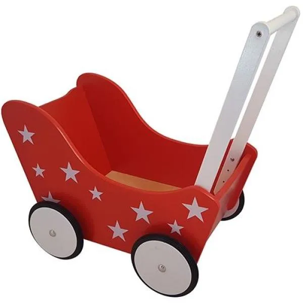 Puppenwagen aus Holz - DW18 rot mit Sternen – Lauflernwagen – Laufwagen – Buggy – Puppenmutti – Baby Born Puppe