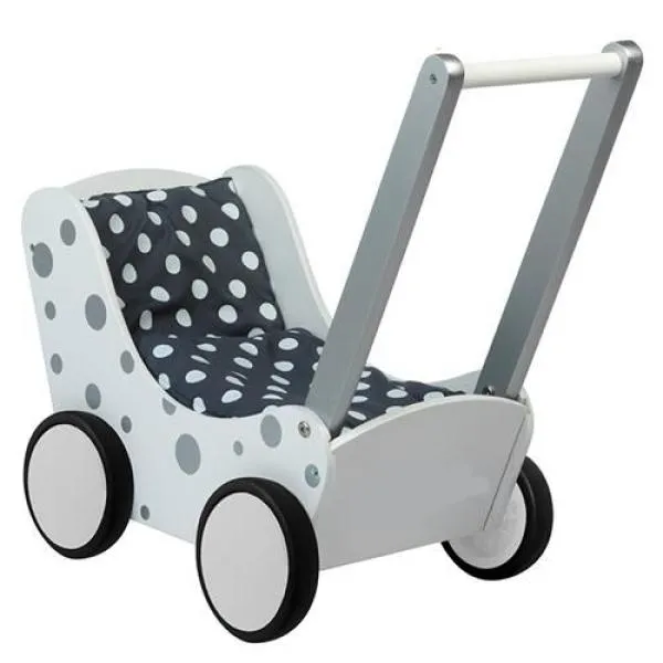 Puppenwagen aus Holz - DW18 weiß silber mit Punkten – Lauflernwagen – Laufwagen – Buggy – Puppenmutti – Baby Born Puppe
