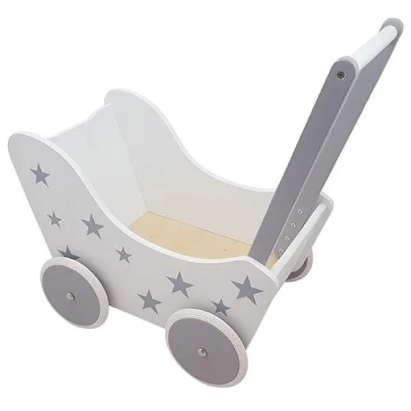 Puppenwagen aus Holz - DW18 weiß silber mit Sternen – Lauflernwagen – Laufwagen – Buggy – Puppenmutti – Baby Born Puppe