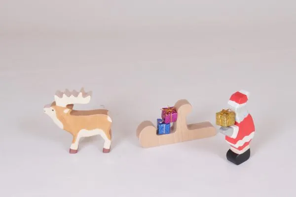 Weihnachtsmann-Set | Weihnachtsmann mit Schlitten und Rentier | Holztiger