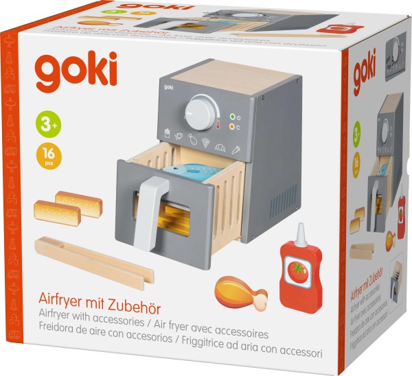 Goki Airfryer aus grauem Holz mit Lebensmitteln