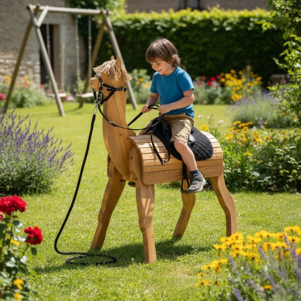 Kind spielt mit großem Holz Alpaka Lama DIEGO im Garten – reiten, füttern und lernen auf Blumenwiese bei Sonnenlicht Kind spielt mit großem Holz Alpaka Lama DIEGO im Garten – reiten, füttern und lernen auf Blumenwiese bei Sonnenlicht