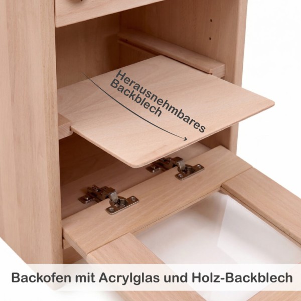 Holzküche für Kinder mit Backofen, Acrylglas-Sichtfenster und Holz-Backblech – hochwertige Spielzeugküche