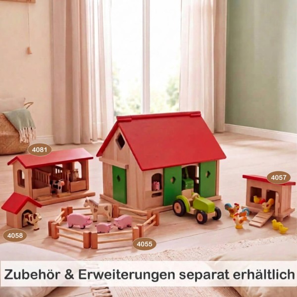 Holz Bauernhof mit Zubehör – Tiere, Traktor und Gebäude erweitern das Spielerlebnis