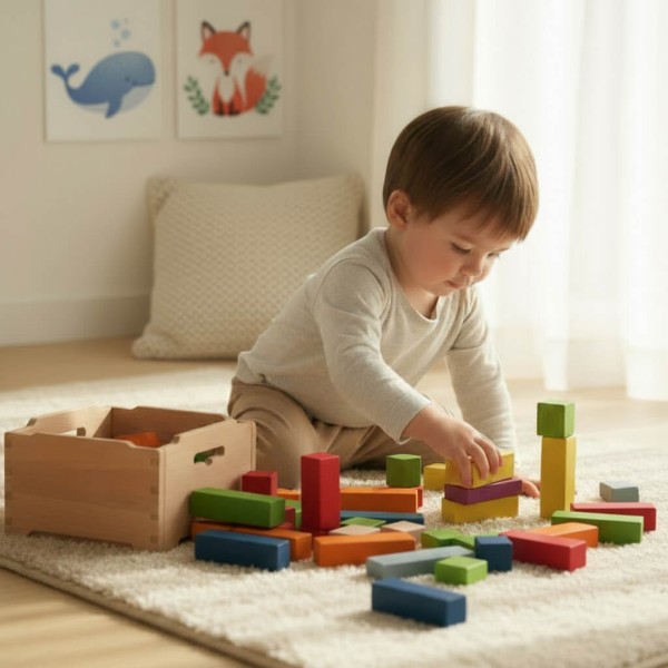 Kind baut aus Holzbauklötzen ein kleines Haus – inspiriert Fantasie und selbstständiges, kreatives Bauen im Kinderzimmer