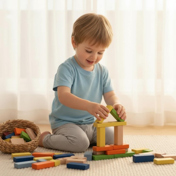 Bunte Holz Bauklötze aus Buche – Kind baut begeistert einen Turm im skandinavischen Kinderzimmer, fördert Kreativität