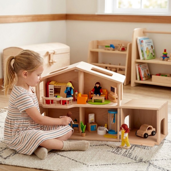 Kind spielt mit Puppenhaus Garage aus massivem, naturbelassenem Holz mit Auffahrtsrampe.