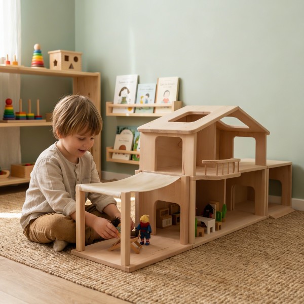 Kind spielt mit Puppenhaus und Terrassenerweiterung aus Holz