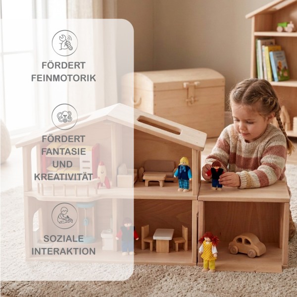 Kind spielt mit Puppenhaus Garage aus massivem, naturbelassenem Holz mit Auffahrtsrampe. - Benefits