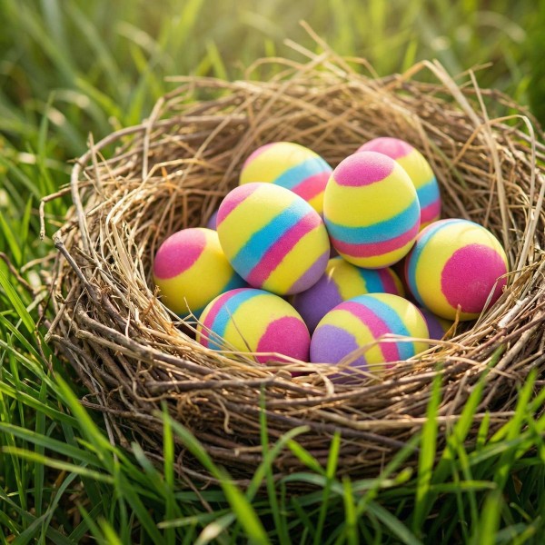 Bunte Holz-Ostereier im Nest im grünen Gras – nachhaltige Osterdeko für Kinder
