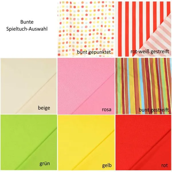 Bunte Spieltuch-Auswahl: bunt gepunktet, rot-weiß gestreift, beige, rosa, bunt gestreift, grün, gelb und rot.