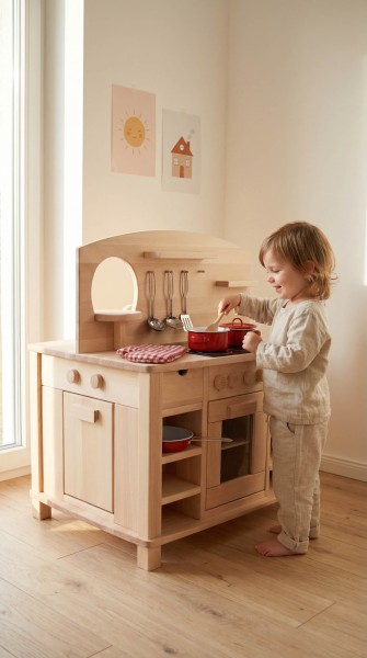 Cinderella Kinderküche - Spielendes Kind am Herd rührt im Topf und lächelt dabei