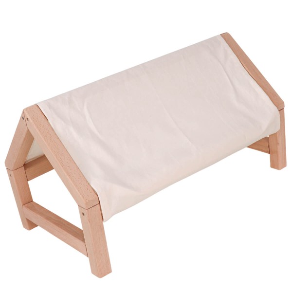 Puppenbett mit Dach / Himmel aus Holz und Stoffbezug