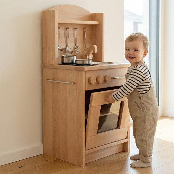 Holzküche Kinder aus Buche natur – Kind spielt begeistert in warmem Montessori-Kinderzimmer und fördert Kreativität