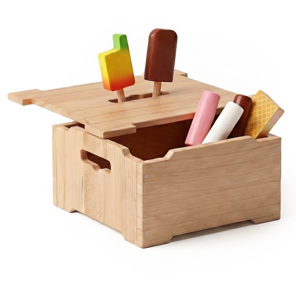 Holz Eistruhe für Kinder mit verschiedenen Eis am Stiel – Rollenspiel Zubehör