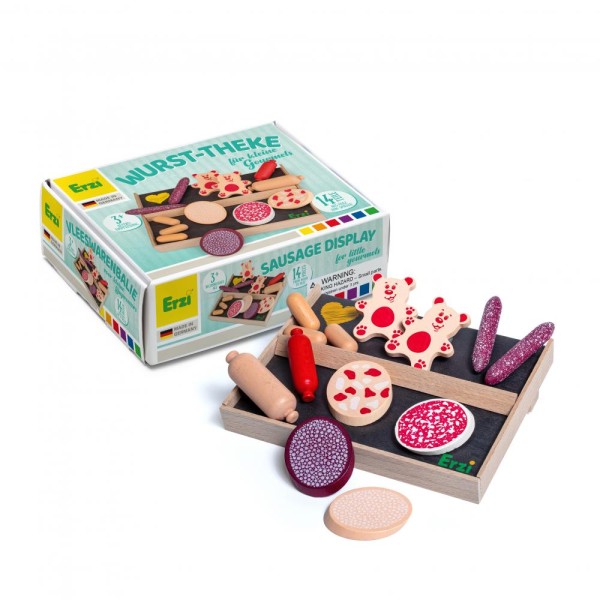 Zubehör für Kinderkaufladen: Wursttheke Display mit Holzwurst Sortiment