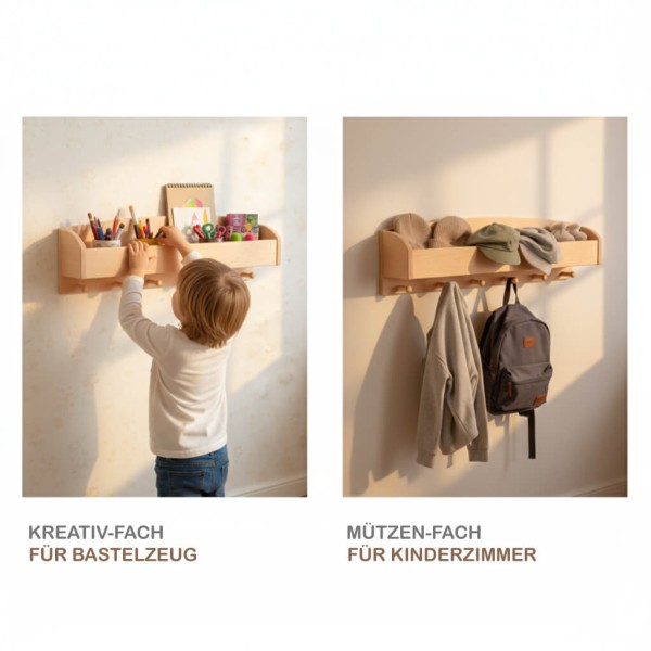 Montessori Kindergarderobe in drei Szenen – Kinderzimmer, Flur, kreative Nutzung; vielseitig und langlebig aus Erlenholz.