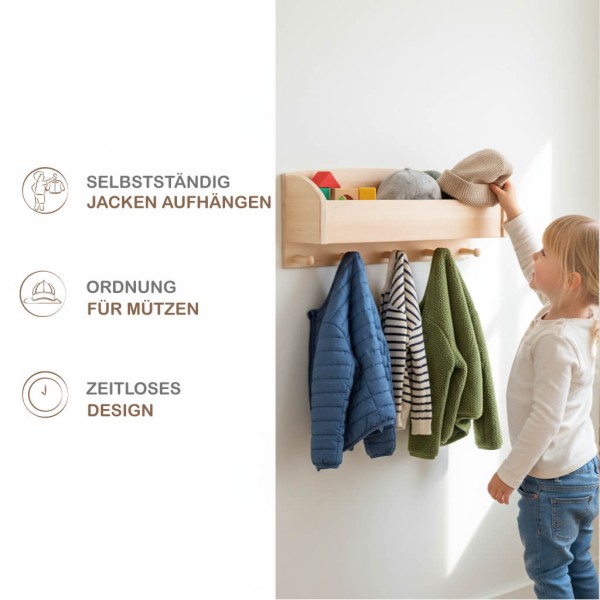 Kindergarderobe Holz. Infografik zeigt den Nutzen für selbstständiges Aufräumen und die Qualität des Erlenholzes. Kindergarderobe Holz. Infografik zeigt den Nutzen für selbstständiges Aufräumen und die Qualität des Erlenholzes.