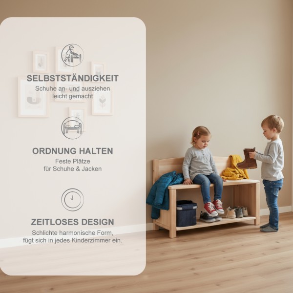Kinder Sitzbank SIDNEY aus Erlenholz in Garderobe mit zwei Kindern und Infografik in Peitz-Farben und Icons.