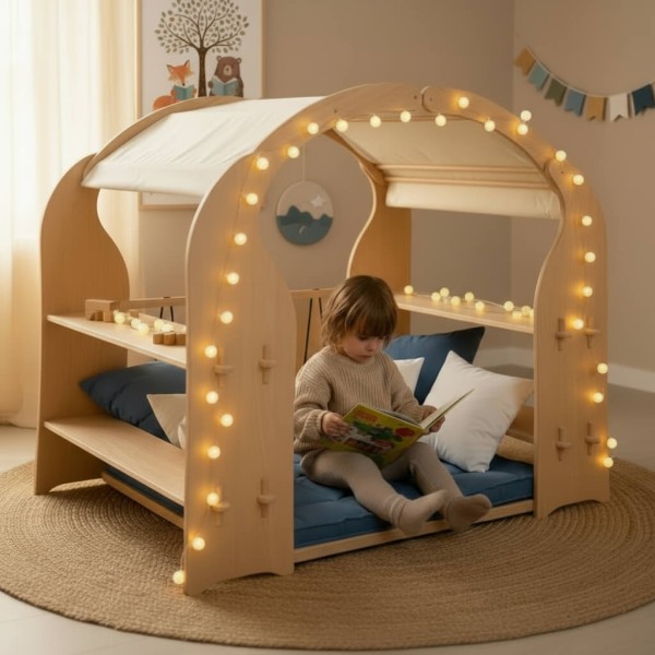 Gefängnis-Erweiterung für Spielständer aus Holz wird zum gemütlichen Rückzugsort – Kind liest und entspannt im Spielhaus