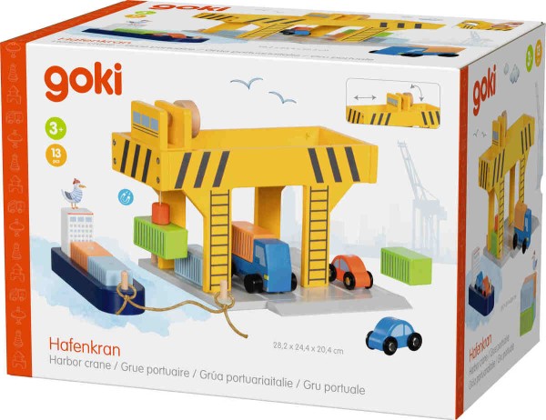 goki Hafenkran Set Verpackung - 13 teiliges Holzspielzeug mit Schiff und LKW