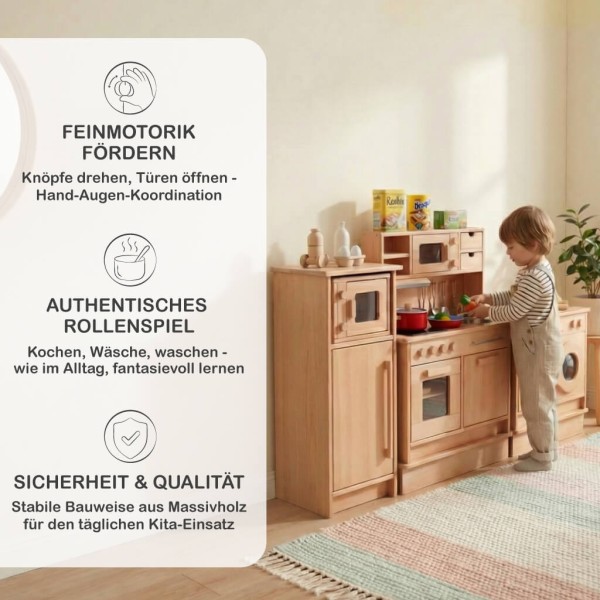 Pädagogische Kinderküchenzeile aus Holz unterstützt Kreativität, Motorik und soziales Rollenspiel im Alltag