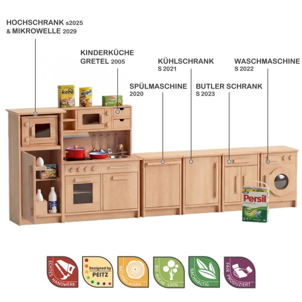Kinderküche aus Holz mit Herd, Spüle und Backofen, realistische Funktionen für fantasievolles Rollenspiel