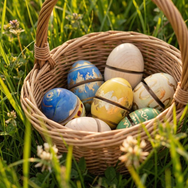 Osternest mit bunt bemalten Holz-Ostereiern im Gras – plastikfreie Osteridee für Familien
