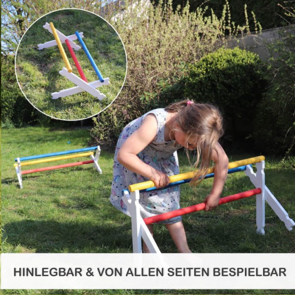 Hinlegbare Holz Hindernis Hürde – Kind legt die Hürde hin und spielt von allen Seiten, vielseitig nutzbar für Bewegung und Spiel
