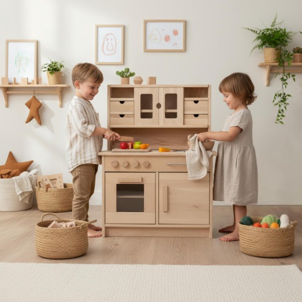 Holz Kinderküche - Kinder spielen ein Rollenspiel, trocknen ab, schneiden Gemüse Holz Kinderküche - Kinder spielen ein Rollenspiel, trocknen ab, schneiden Gemüse