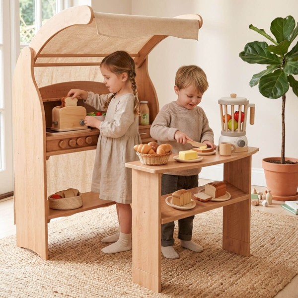 Kinder spielen an Holz Kinderküche Spielständer im hellen Kinderzimmer – kreatives Rollenspiel