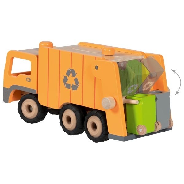 Holz Müllauto Rückansicht beim Entleeren der Recycling-Tonnen