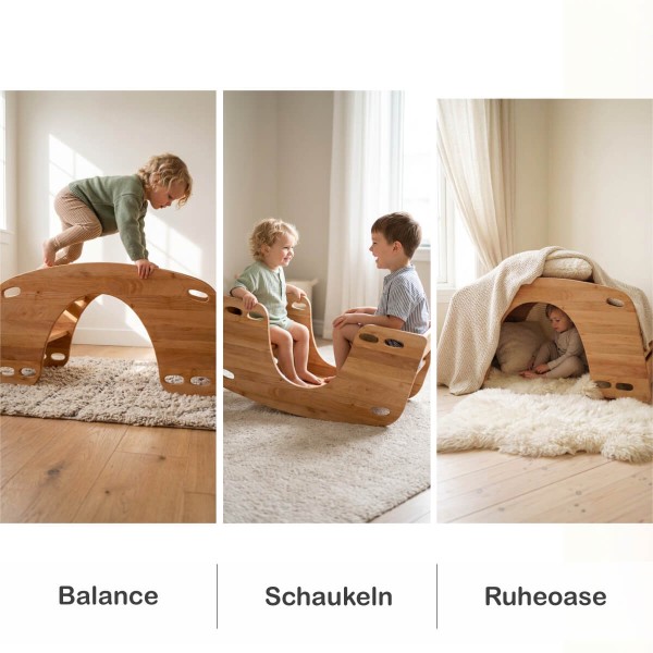 Multifunktionale Nutzung der Holz Wippe als Kletterbrücke, Wippe und Höhle