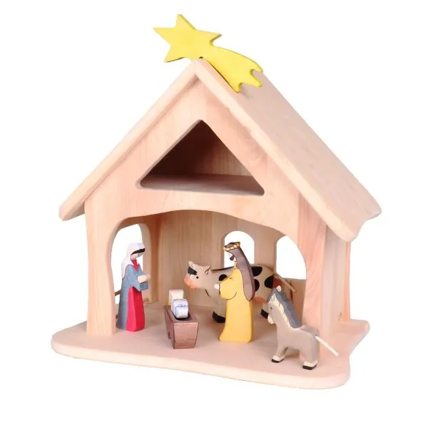 Holzkrippe | Weihnachtskrippe aus Massivholz | Kleiner Spielzeug-Bauernhof Holzkrippe | Weihnachtskrippe aus Massivholz | Kleiner Spielzeug-Bauernhof