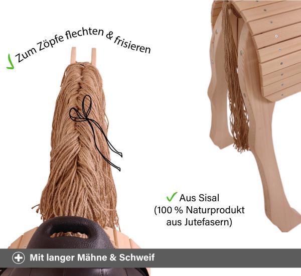 Holzpferd mit langer Mähne & Schweif für Flechten & Frisieren aus Sisal Seil Holzpferd mit langer Mähne & Schweif für Flechten & Frisieren aus Sisal Seil