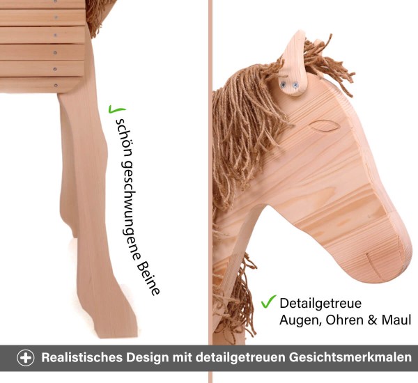 Holzpferd mit realistischen Gesichtsmerkmalen und geschwungenen Beinen