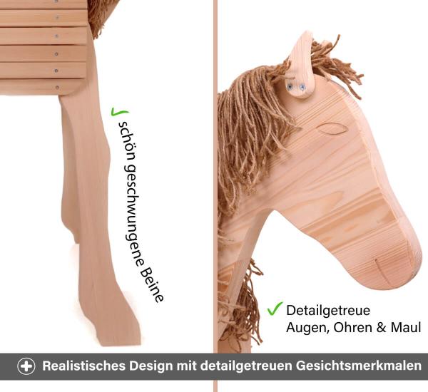 Holzpferd mit realistischen Gesichtsmerkmalen und geschwungenen Beinen Holzpferd mit realistischen Gesichtsmerkmalen und geschwungenen Beinen