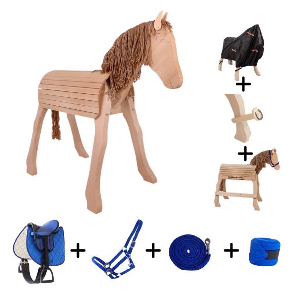 Holzpferd Komplettset mit Sattel, Halfter, Führleine, Bandage, Putzhufe, Abdeckhaube, Aufstiegsleiste Holzpferd Komplettset mit Sattel, Halfter, Führleine, Bandage, Putzhufe, Abdeckhaube, Aufstiegsleiste