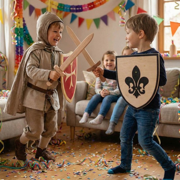 Zwei Kinder spielen Ritter mit Holzschwertern und Holzschilden aus Holz