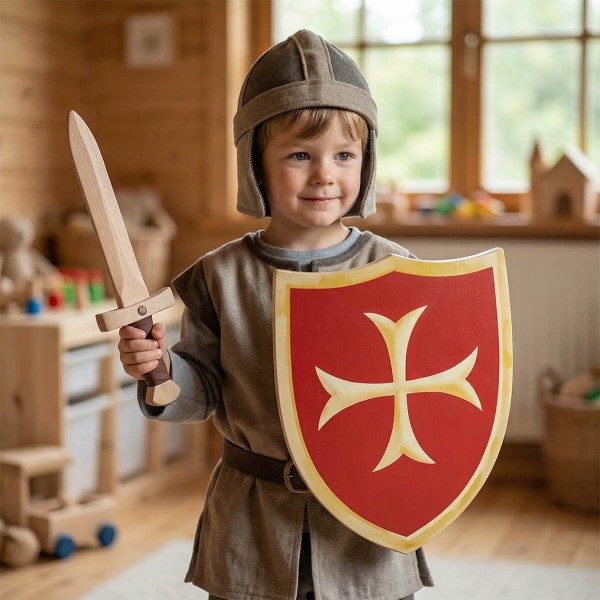 Kind im Ritterkostüm mit Holzschwert und rotem Holzschild aus Holz beim fantasievollen Rollenspiel