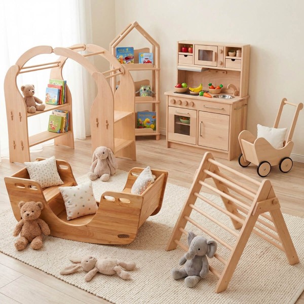 Minimalistisches Kinderzimmer mit Holzspielzeug Set und Schiffschaukel als Hauptprodukt