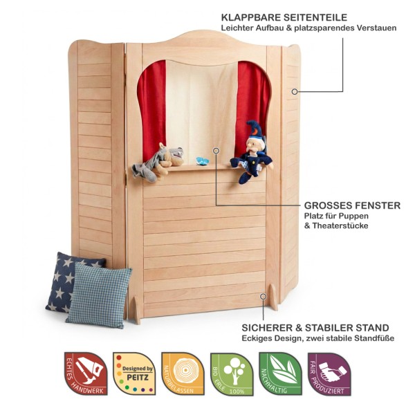 Holz Kasperletheater klappbar stabil mit großem Fenster und sicherem Stand