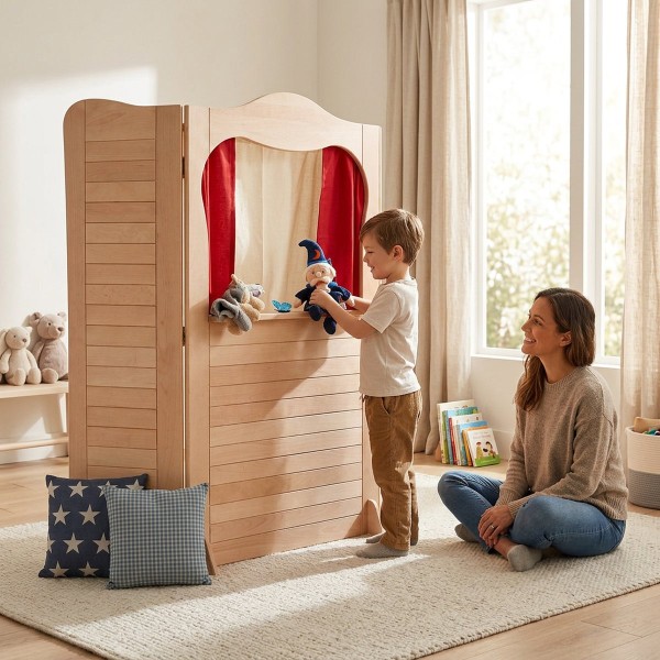 Kind spielt mit Kasperletheater aus Holz während Mutter zuschaut im Kinderzimmer