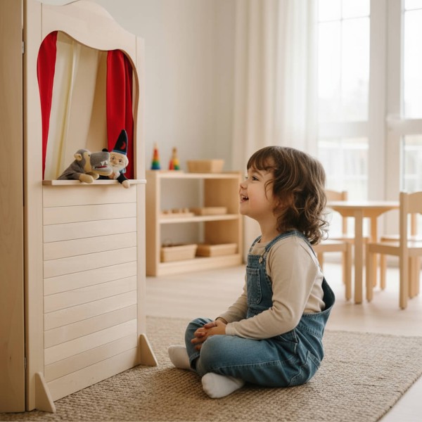 Holz Kasperletheater FINN in hellem Kita-Raum – Kind konzentriert beim Puppenspiel, pädagogisch wertvoll Holz Kasperletheater FINN in hellem Kita-Raum – Kind konzentriert beim Puppenspiel, pädagogisch wertvoll