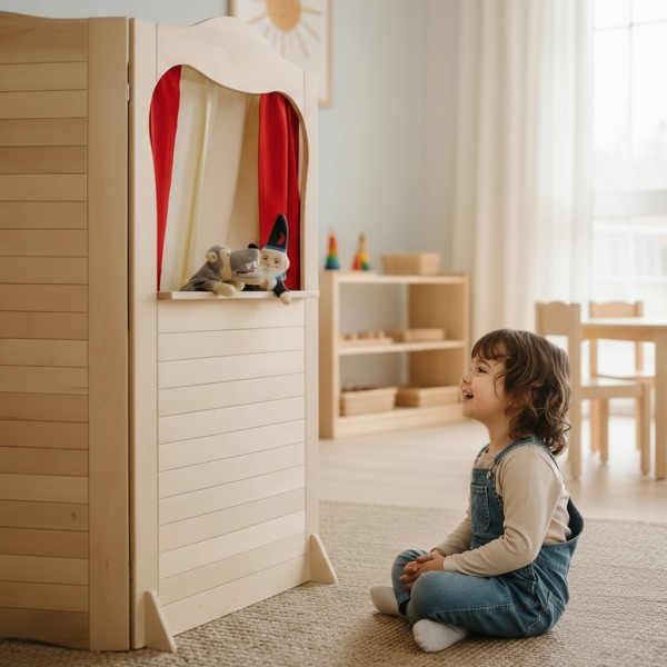 Kinder spielen mit Kasperletheater aus Holz Puppentheater im Kinderzimmer