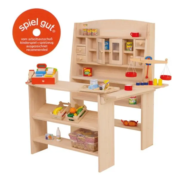 Kaufladen | Kinderkaufmannsladen | Kinder-Einkaufs-Shop aus Buchen-Holz mit Theke