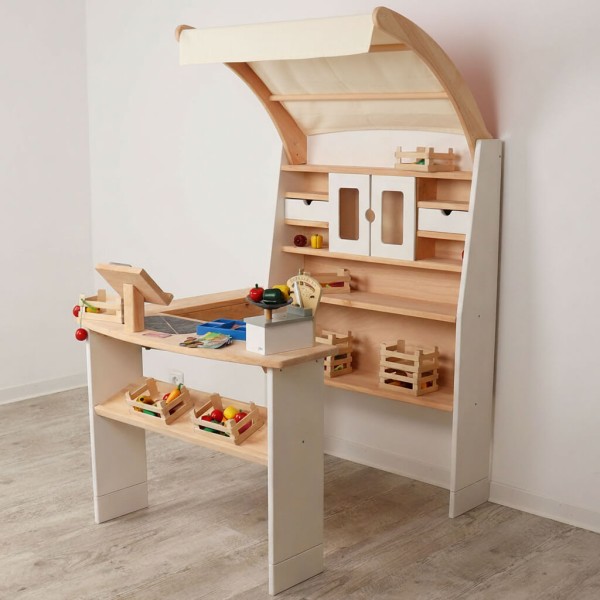 Kaufladen mit Spieltuch in Beige - Kita Variante mit Markise