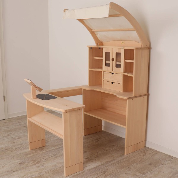 Markise Kaufladen in Beige für Kita Marktstand - mit Deko zur Ansicht