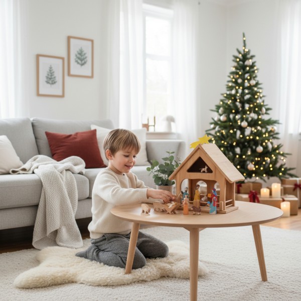 Kind spielt mit der Weihnachtskrippe und den Figuren und Tieren aus massivem Holz in der Wohnung