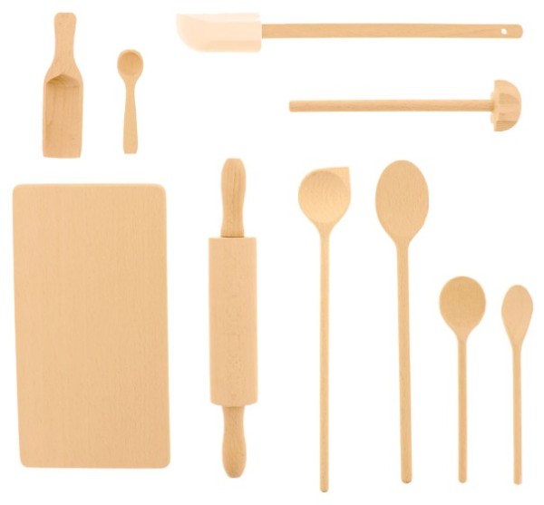 Kinder Kochset aus Buchenholz, Detailansicht 10-teiliges Kinder Backset aus Holz für die Spielküche Spielzeug Küchenzubehör: Kinder Koch- und Backset